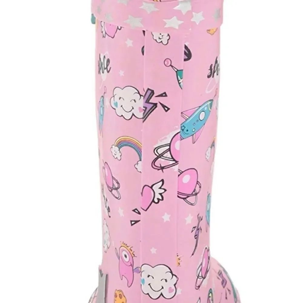 Western Chief Girls' Waterproof Rain Boots with EasyOn Handles Space Party Theme